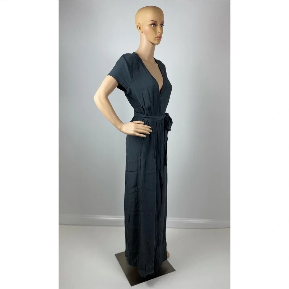 Dark Grey V-neck Tie-front Short Sleeve Wrapped Maxi Dress